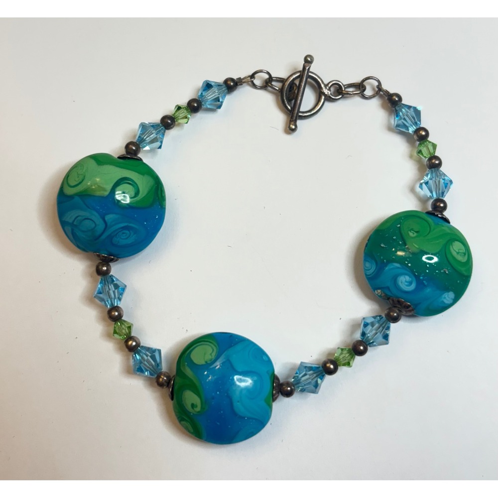 Vintage Glass Boho Toggle Bracelet Blue Green Swirl Lampwork Crystal 6.5"